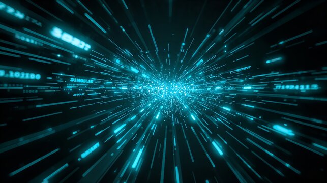 a digital abstract illustration of the futuristic tunnel of data streams, it looks like a visual journey into the digital realm.  The neon light tunnel gives sense of speed and connectivity