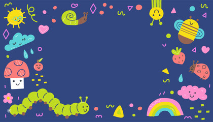 Naklejka premium Vector frame with funny insects, rainbows, clouds, and flowers on dark blue background. Cute cartoon border for kids invitations, greeting cards, or school projects.