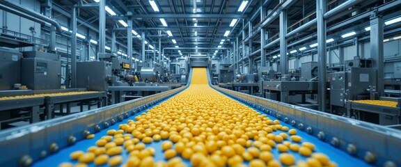 industrial conveyor belt transporting uniform yellow pills through high tech manufacturing facility
