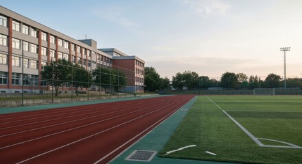 Running track and football field, alongside a school building