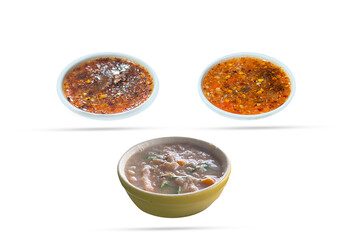 Selection of Thai Spicy Chili Dipping Sauces and Curry Isolated on White