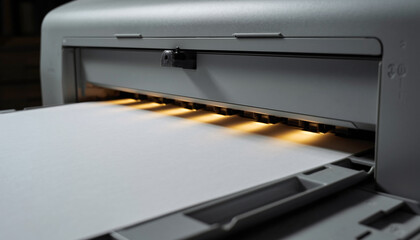 Close-up view of a modern office printer processing a sheet of white paper, highlighting the internal mechanism and warm light during operation
