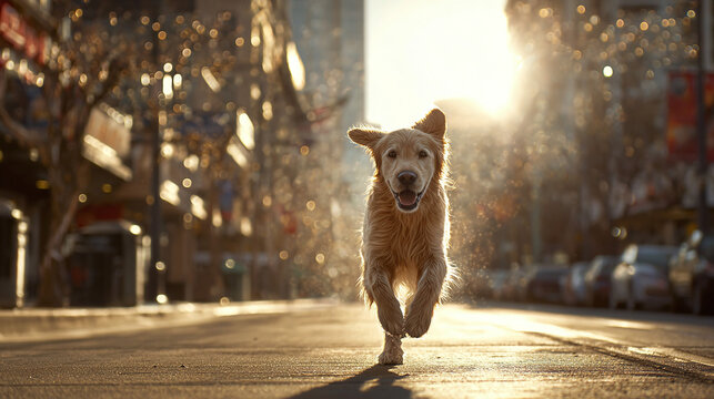 A golden retriever dog running down the street towards the camera on a sunny day. The dog's ears are flapping in the wind