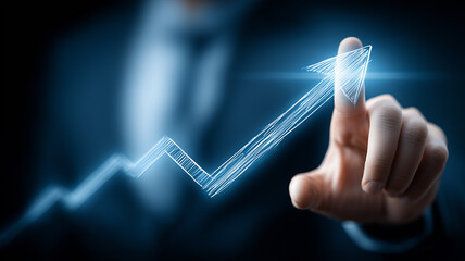 A dynamic growth concept illustrated through a hand drawing an ascending arrow symbolizing progress advancement and successful performance in a strategic business environment.
