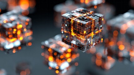 Glowing futuristic digital cubes float in a dark, abstract environment