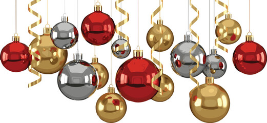 Hanging Christmas Ornaments with Red, Gold, and Silver Baubles and Curly Ribbons on White Background for Holiday Celebration Decor