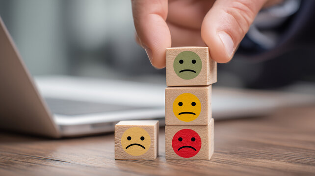 A customer feedback concept illustrated with emotion blocks arranged in evaluation order, symbolizing assessment, service improvement and user experience analysis.
