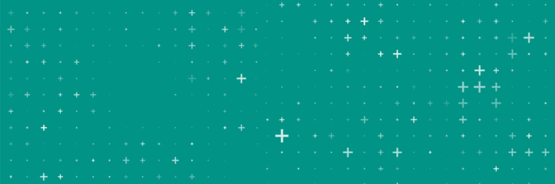 Seamless background pattern of evenly spaced white plus symbols of different sizes and opacity. Vector illustration on teal background with stars