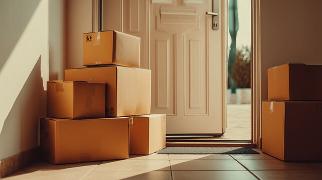 A delivery process concept represented by stacked packages at an open doorway symbolizing shipping logistics supply operations and continuous movement of goods.
