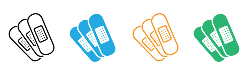 Colorful bandages offer first aid and healing solutions. Medical Patch, First Emergency Plaster Solid Flat Vector Icon Isolated on White Background. 