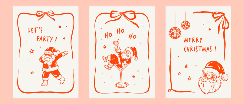 Merry Christmas and Happy New Year coquette whimsical greeting cards, posters, designs with quirky funky Santa in cocktail glass, dancing in disco bachelorette party. Bow ribbon rectangle frames