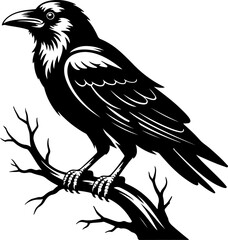 Fototapeta premium A raven sitting on a bare tree branch silhouette vector illustration