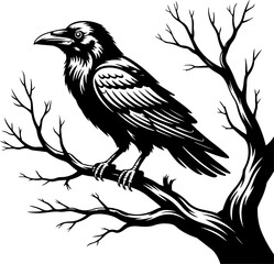 Obraz premium A raven sitting on a bare tree branch silhouette vector illustration