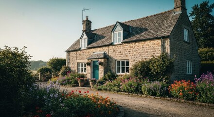Rustic stone cottage with vibrant garden