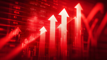A financial growth concept featuring rising arrows over a stock market interface representing increasing performance profitability and upward economic momentum.
