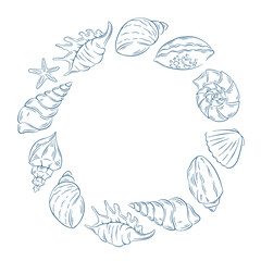 Elegant coastal design with line art style seashell wreath. Perfect for summer, wedding card and invitation.