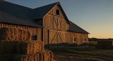 Rustic wooden barn at dawn, hay bales stacked beside it