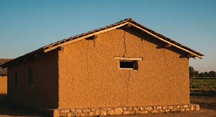 Rustic terracotta-colored mud hut under a pale blue sky