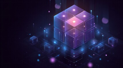 Illuminated digital data blocks aggregate into a glowing three dimensional structure against a dark background