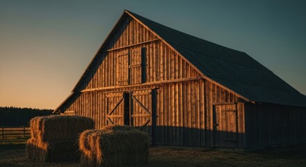 Rustic wooden barn at sunset. Stacks of hay in front