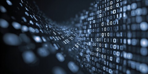 Digital information flows in a dark, abstract representation of binary code.