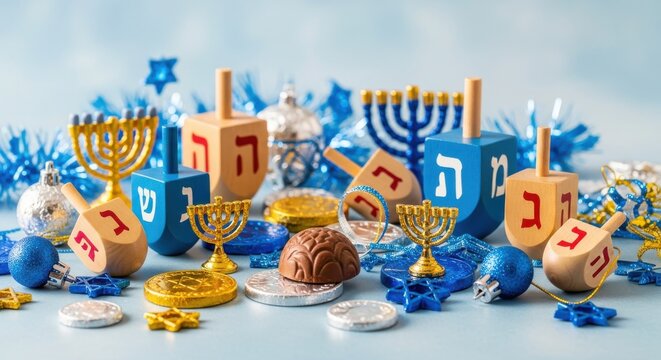 Assortment of festive spinning tops, symbolic candelabras, and chocolate coins decorate a light blue surface for a winter celebration - Powered by Adobe