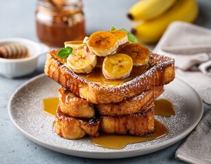 a stack of french toast topped with caramelized bananas and powdered sugar