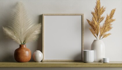 mock up poster frame close up on shelf with decoration 3d render
