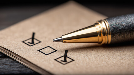 A completion concept showing a pen beside marked checkboxes symbolizing verification accomplishment planning and organized decision making for productive outcomes.
