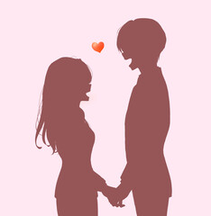 向かい合う男女のビジネスパーソン　恋愛　笑顔　手を握る　シルエット