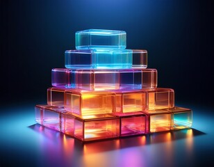 stacked translucent blocks glowing with vibrant hues on a dark background