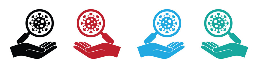 Modern virus research and discovery icons black red blue. Hygiene icon set. illustration of a hand being examined with a magnifying glass to find viruses, bacteria or germs. 