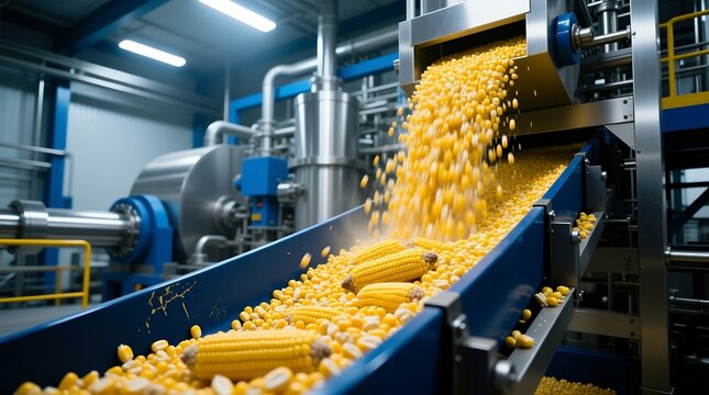 Modern industrial facility processing large quantities of yellow corn kernels on automated
