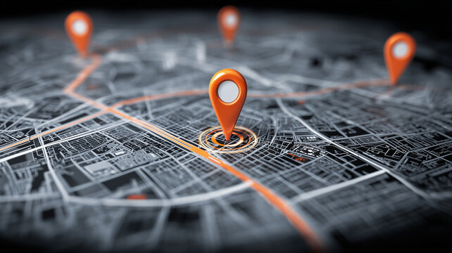 A detailed location concept showing prominent map markers highlighting strategic focal points representing targeted selection navigation and structured geographic organization.
