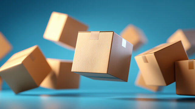 A dynamic logistics concept showing flying cardboard boxes symbolizing shipping efficiency rapid distribution and the streamlined movement of packages through modern delivery systems.
