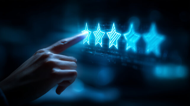 A user satisfaction concept represented by a hand highlighting a digital row of stars symbolizing evaluation preference and performance based decision making.
