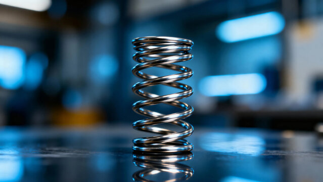 A close-up of a metallic coil spring on a reflective surface in an industrial setting