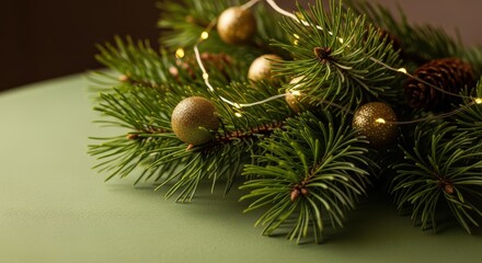 Evergreen branches adorned with golden ornaments and delicate string lights rest upon a muted green surface.