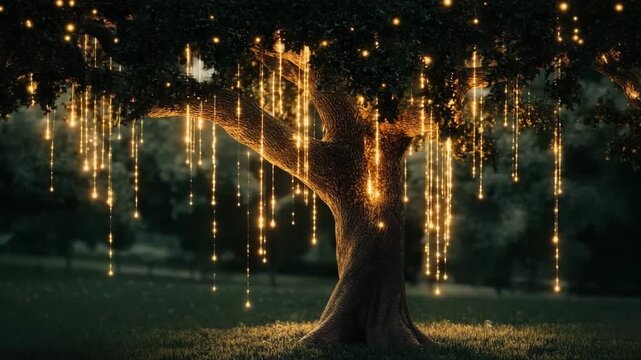 Magical glowing tree with hanging lights in a serene nighttime landscape
