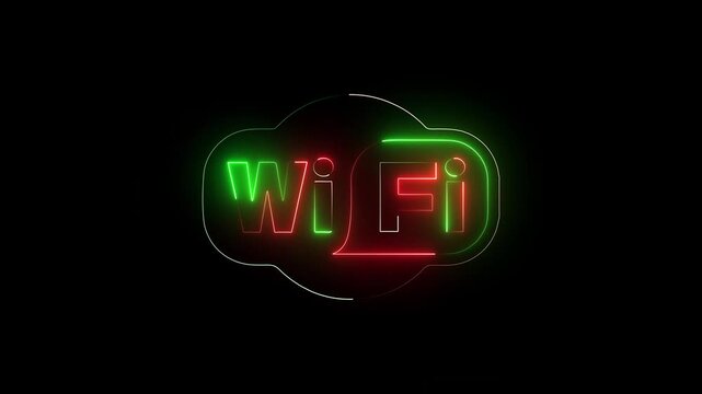 Glowing red and green neon wifi signal icon animation showing wireless internet connection availability digital communication data transfer technology display
