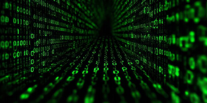 Digital green numbers stream through a dark, immersive tunnel creating a sense of technological depth - Powered by Adobe
