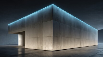 Polished concrete facade with subtle beige tone and embedded deep blue LEDs tracing corner lines lit by cold