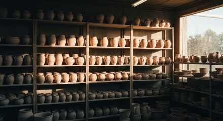 Shelves full of various terracotta pottery. Sunlight streams into the workshop
