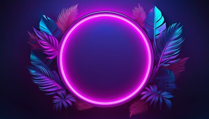 neon product state has a purple circle frame decorated with tropical leaves
