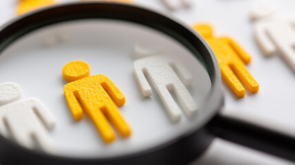 A magnifying glass highlighting specific human figures representing selection recruitment and the analytical process of identifying suitable candidates within structured evaluations.
