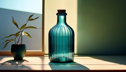 teal glass bottle sunlit shadows