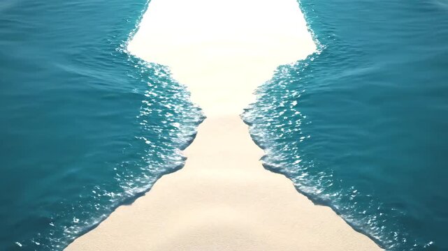 Surreal animation of turquoise ocean water parting to reveal a hidden sandy pathway forward under bright sunlight
