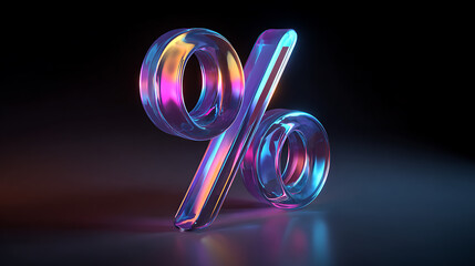 Iridescent glass percentage symbol glowing with vibrant colors on dark background image