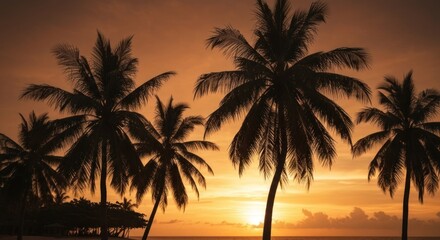 Silhouette palm trees at golden sunset over ocean