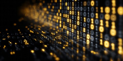 Glowing digital binary code streams across a dark, abstract surface in a technological display.